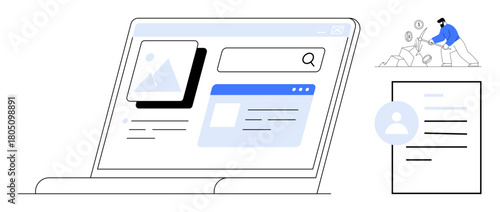 Laptop screen showcasing a clean user interface with search bar, profile card, and image tile. Worker manages tasks with gear icons. Ideal for technology, business, web design, workflow
