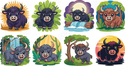 Collection of Cute Cartoon Yaks in Various Natural Settings Keywords: yak, cartoon, cute, animal, wildlife, illustration, character, mammal, bovine, farm animal, domestic animal, wild animal