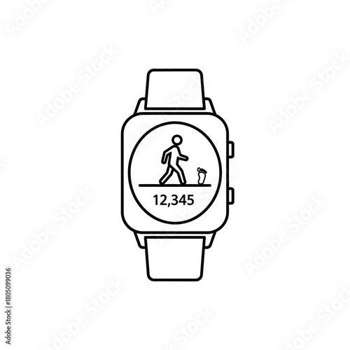 Smartwatch line icon with a pedometer screen showing a walking figure, step count, and a trash can symbol.