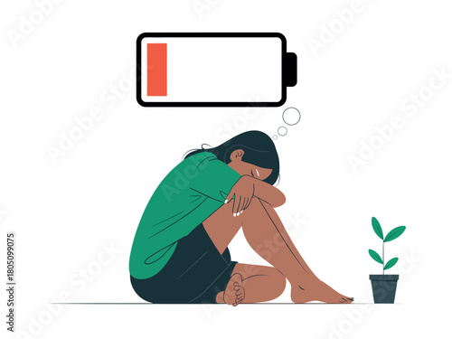 Woman sitting with low battery symbol representing exhaustion and burnout