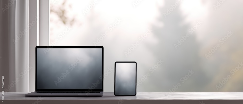 Fototapeta premium 354. laptop and tablet mockup for tech campaign, modern vibe, natural window light, minimal composition, ideal for commercial use