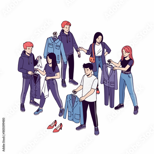 Outline People Choosing Clothing Outfit at Flea Market Illustration