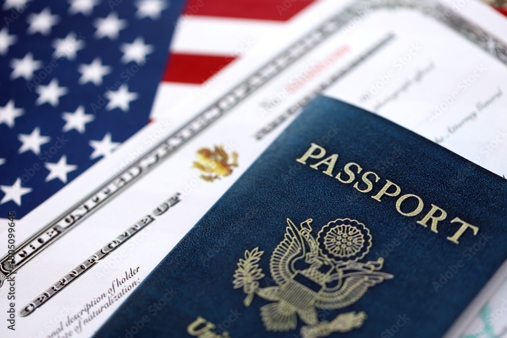 Fototapeta premium US Certificate of Naturalization with US flag and Passport close up