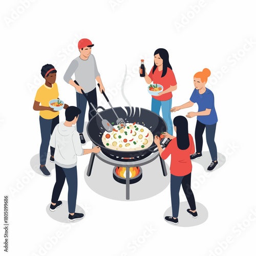 Isometric Group of People Cooking Together in a Wok Illustration