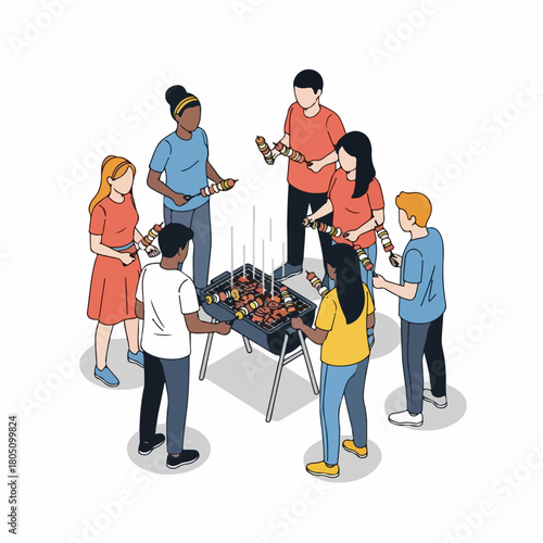 Isometric Illustration People Gathering Around Barbecue Grill Social Picnic Celebration