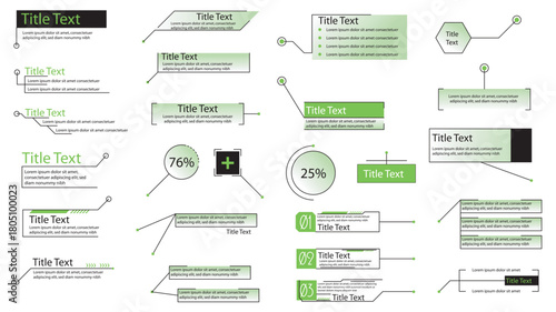 Call outs graphic elements set. Collection of simple line callout titles, hud bars labels with lower and third, window templates with information frames, dashboard menu with text. Vector illustration.