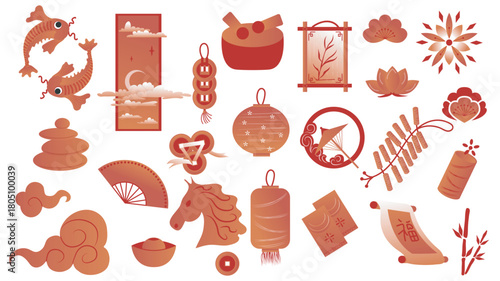 Chinese New Year graphic elements set. Collection of 2026 horse zodiac symbol, red koi carps, coin, cherry flower, fan, clouds, bamboo, hanging lanterns, oriental ornaments, more. Vector illustration.