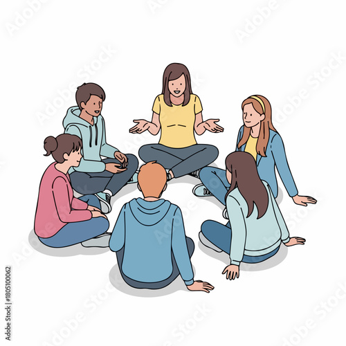 Handdrawn Group Therapy Session Illustration with Diverse Participants in a Circle