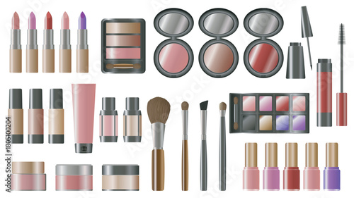 Cosmetics makeup with different color swatches graphic elements set. Collection of lipsticks, blush, eyeshadow palette, mascara, brushes, nail polishes, skin foundations, more. Vector illustration.