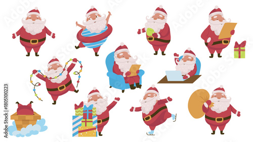 Cute Santa Claus graphic elements set. Collection of holiday mascot playful, holding cup, garland or bag, reading gift list, ice skating, stuck in chimney, emotions expression. Vector illustration.