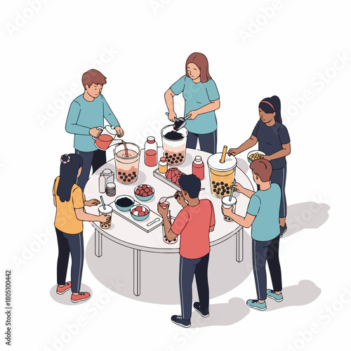Flat Illustration People Making Boba Tea at Round Table Together