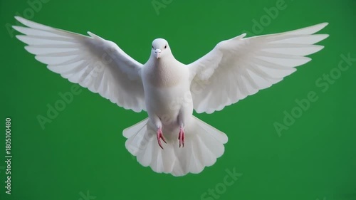 paloma blanca volando en cámara lenta sobre un fondo verde chroma key uniforme. La paloma mueve las alas con gracia, mostrando detalles nítidos en sus plumas.