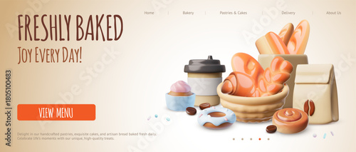 A 3D web banner featuring fresh baked goods, coffee, and a paper bag.