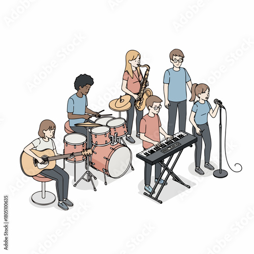 Doodle Style Diverse Group of Young Musicians Playing Musical Instruments Illustration