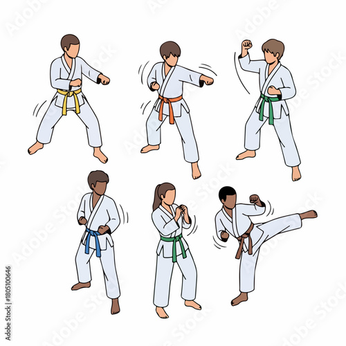 Diverse Handdrawn Karate Student Set in Various Martial Art Poses Training
