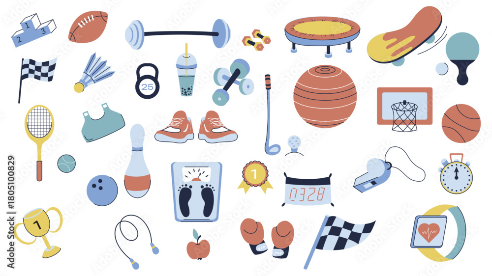 Naklejka premium Sport equipment graphic elements set. Collection of ball, barbell, dumbbell, trampoline, skateboard, tennis racket, flag, sneakers, basketball hoop, kettlebell, stopwatch, more. Vector illustration.