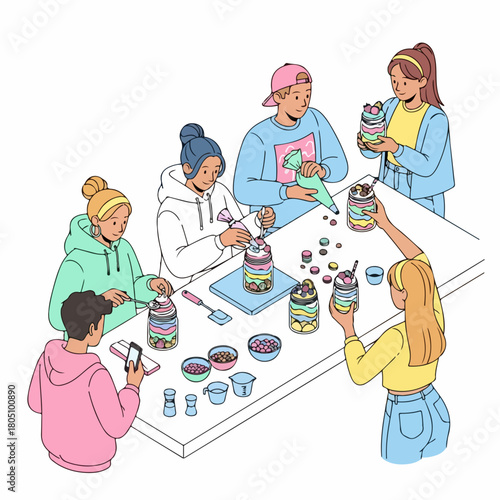 Flat Illustration People Crafting and Decorating Glass Jar Together Group Activity