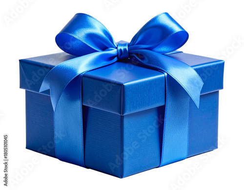 Blue Gift Box With Satin Ribbon, Front-Facing Classic Presentation, Isolated on Transparent Background