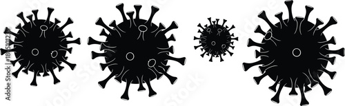 Set of black virus silhouettes, coronavirus bacteria vector, dangerous germ icons, viral infection symbol collection, medical disease illustration.