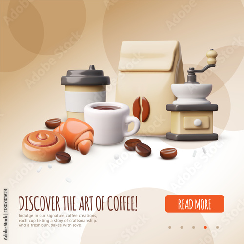 3D poster mockup with coffee beans, a coffee maker, a paper bag, coffee beans, and a mug.
