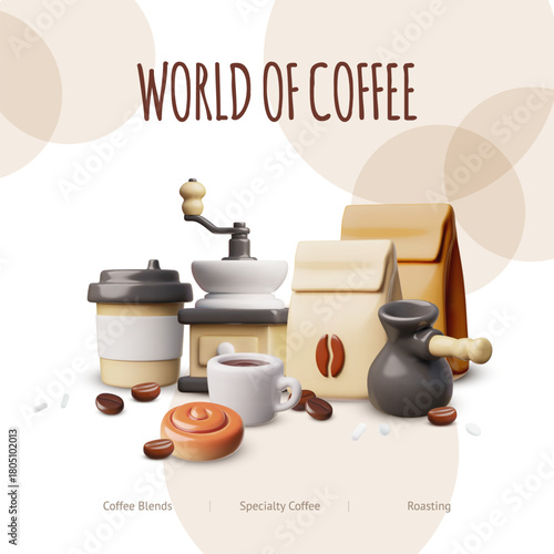 World of Coffee shop vector advertising design, 3D cartoon cup with coffee, coffee grinder, turk and bakery products