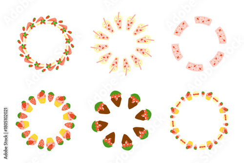 Set of cute round wreaths with strawberry desserts and drinks isolated on white background.