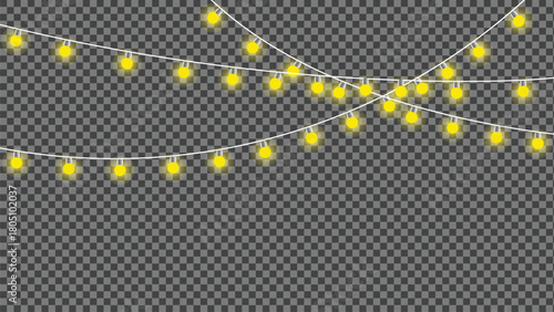 Twinkling fairy lights glow in soft amber. Golden garland loops around festive corner. Warm bulbs dangle on celebration wire. Holiday sparkle brightens the dark scene