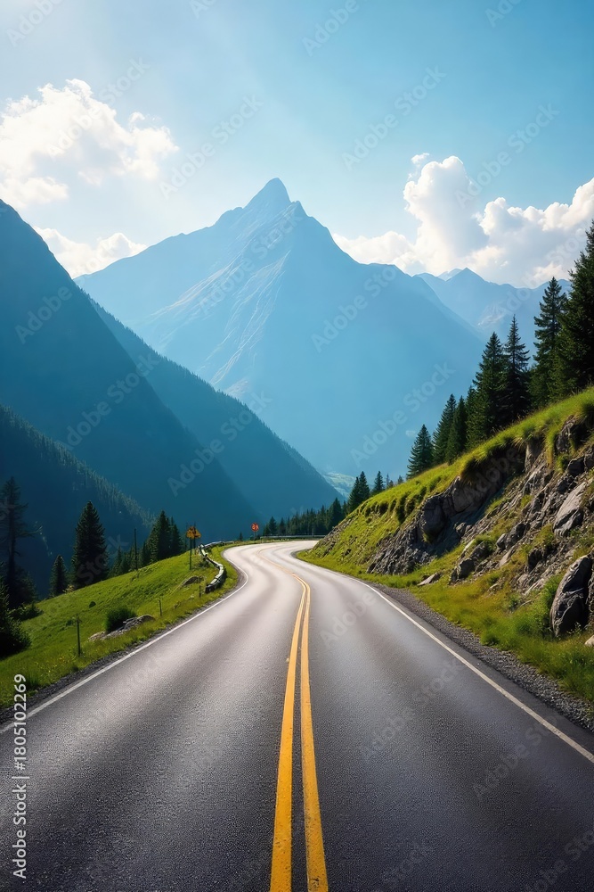 Fototapeta premium A scenic view of a mountain pass, sunlight illuminating the winding road ahead, leading towards distant peaks , summer, bright