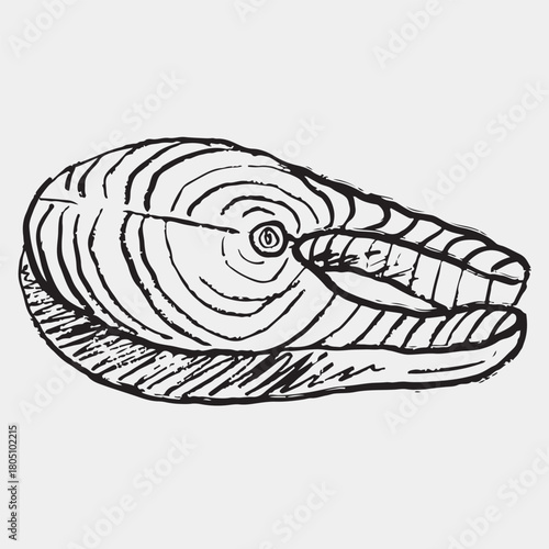Hand drawn salmon steak. Seafood, tasty fish dinner, mediterranean diet. Vector sketch illustration in vintage crayon charcoal style.
