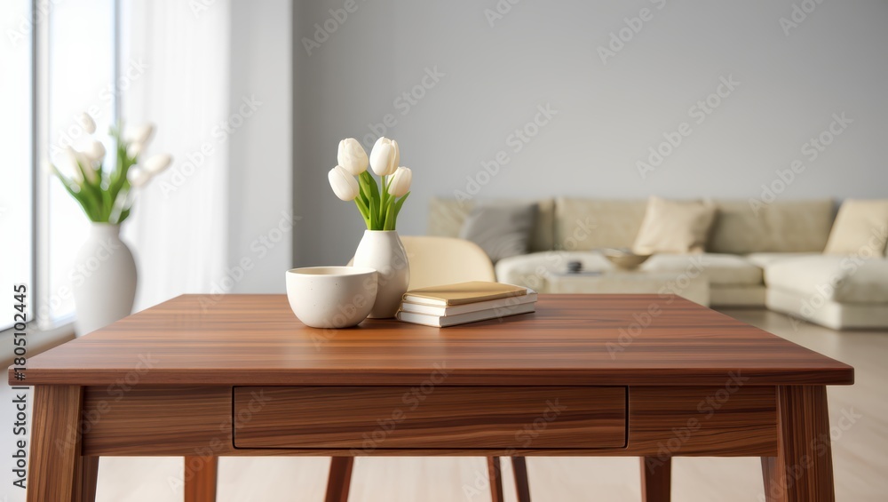 Fototapeta premium Cozy modern living room with a wooden table, white tulips, and soft light