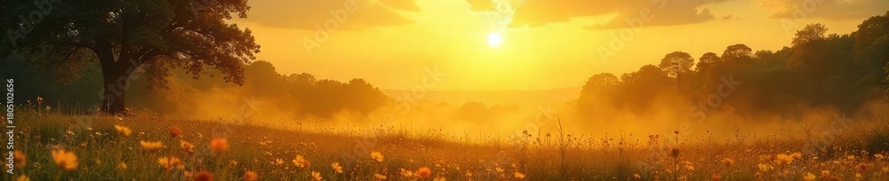 Fototapeta premium A serene landscape bathed in golden sunlight, symbolizing the boundless and unconditional nature of spiritual love; a feeling of peace and connection with the divine , divine love, belief, sacred