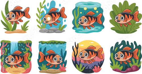 Eight Cartoon Goldfish in Various Aquatic Environments With Foliage And Rocks Keywords: goldfish, fish, cartoon, aquatic, underwater, nature, environment, water, pond, aquarium, ocean, sea, marine