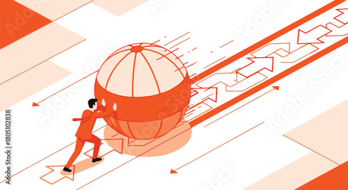 Businessman pushing a large sphere uphill with arrows indicating progress and forward momentum towards success