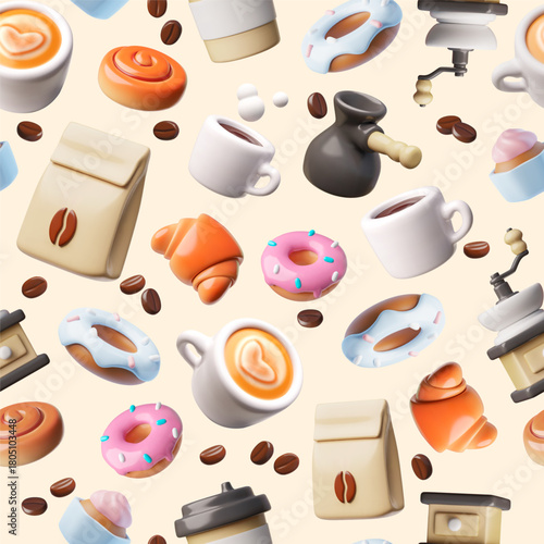 3D seamless wallpaper with coffee beans, mug, pastries, Turk, paper bag.