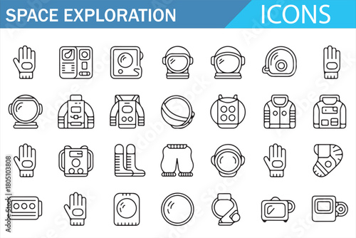 Space Travel Gear, Helmets, and Suits Thin Line Collection