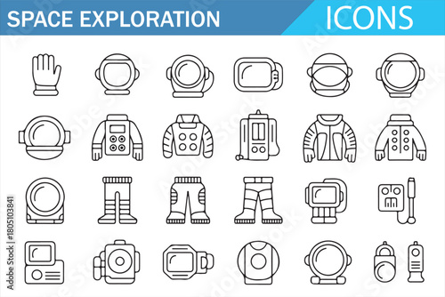Space Exploration Thin Line Icons of Astronaut Gear and Equipment