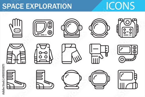 Space Exploration Line Icons Collection Featuring Astronaut Helmets, Space Suits, Gloves, Boots, Equipment, Tools, and Mission Gear in Minimal Thin Outline Style for Science and Technology Designs