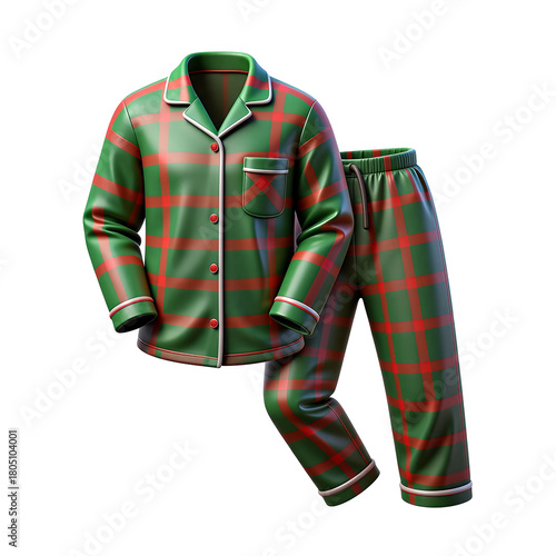 green and red plaid Christmas pajama set 3D Icon – Glossy Minimal Emoji Style, Isolated PNG object
