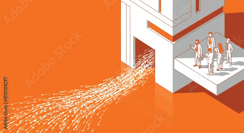 Diverse business team observing a stream of white particles flowing out of a modern building entrance