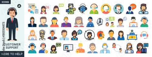 Customer Support Icons Set – Call Center, Help Desk, Chat Support, and Service Representative Illustrations