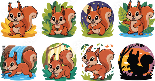 Eight Cartoon Squirrels in Various Natural and Stylized Forest and Aquatic Settings Keywords: squirrel, cartoon, animal, wildlife, cute, illustration, drawing, character, nature, environment
