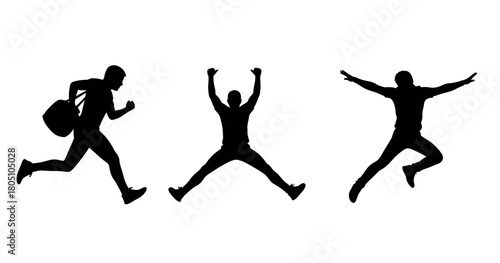 Three expressive silhouettes leap across a stark backdrop, each frozen in a unique airborne pose