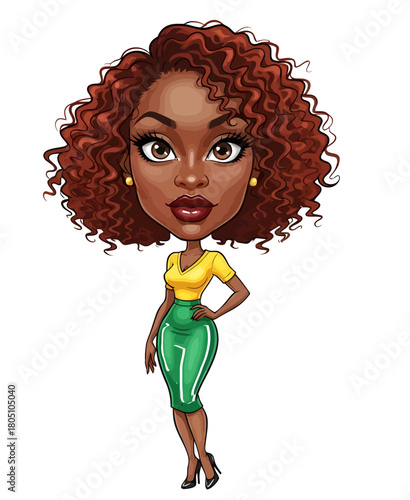  vibrant cartoon illustration of a stylish woman with voluminous reddish curls, expressive eyes, and a confident pose. Dressed in a yellow top, green pencil skirt