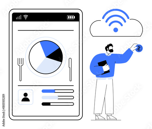 Smartphone displaying pie chart, profile, progress bars under a cloud with wireless icon and man holding money symbol. Ideal for technology, finance, analytics, connectivity, innovation