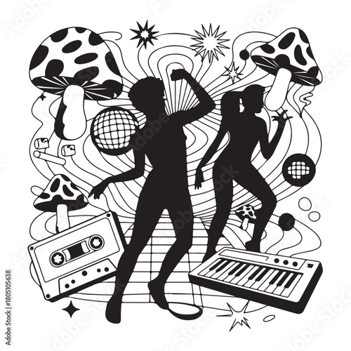 Dancing People Silhouette with Disco Ball and Mushrooms