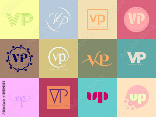 VP logo company template. Letter v and p logotype. Set different classic serif lettering and modern bold text with design elements. Initial font typography.