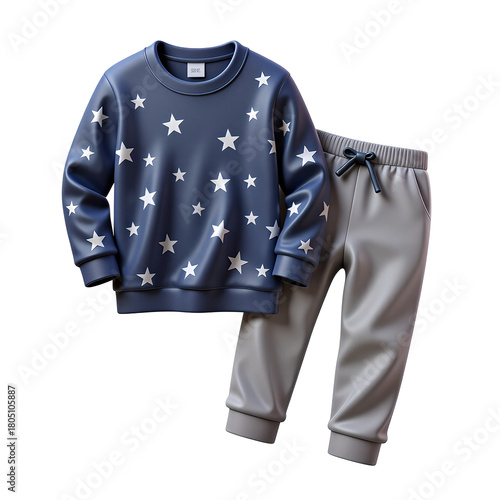 blue star print Christmas pajama set with gray pants 3D Icon – Glossy Minimal Emoji Style, Isolated PNG object