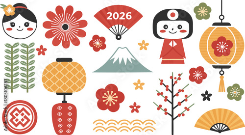 Abstract geometric design with bold red green blue and yellow accents on a clean white background