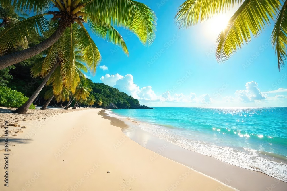 Fototapeta premium A vibrant, sun-drenched beach scene evokes a feeling of carefree joy and summer bliss, representing a relaxed and adventurous lifestyle , joy, colorful, energy