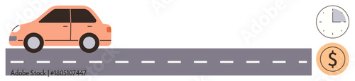 Orange car traveling along road, accompanied by clock and dollar coin graphics. Ideal for transportation, time management, fuel economy, budgeting, efficiency, planning and travel. Simple flat